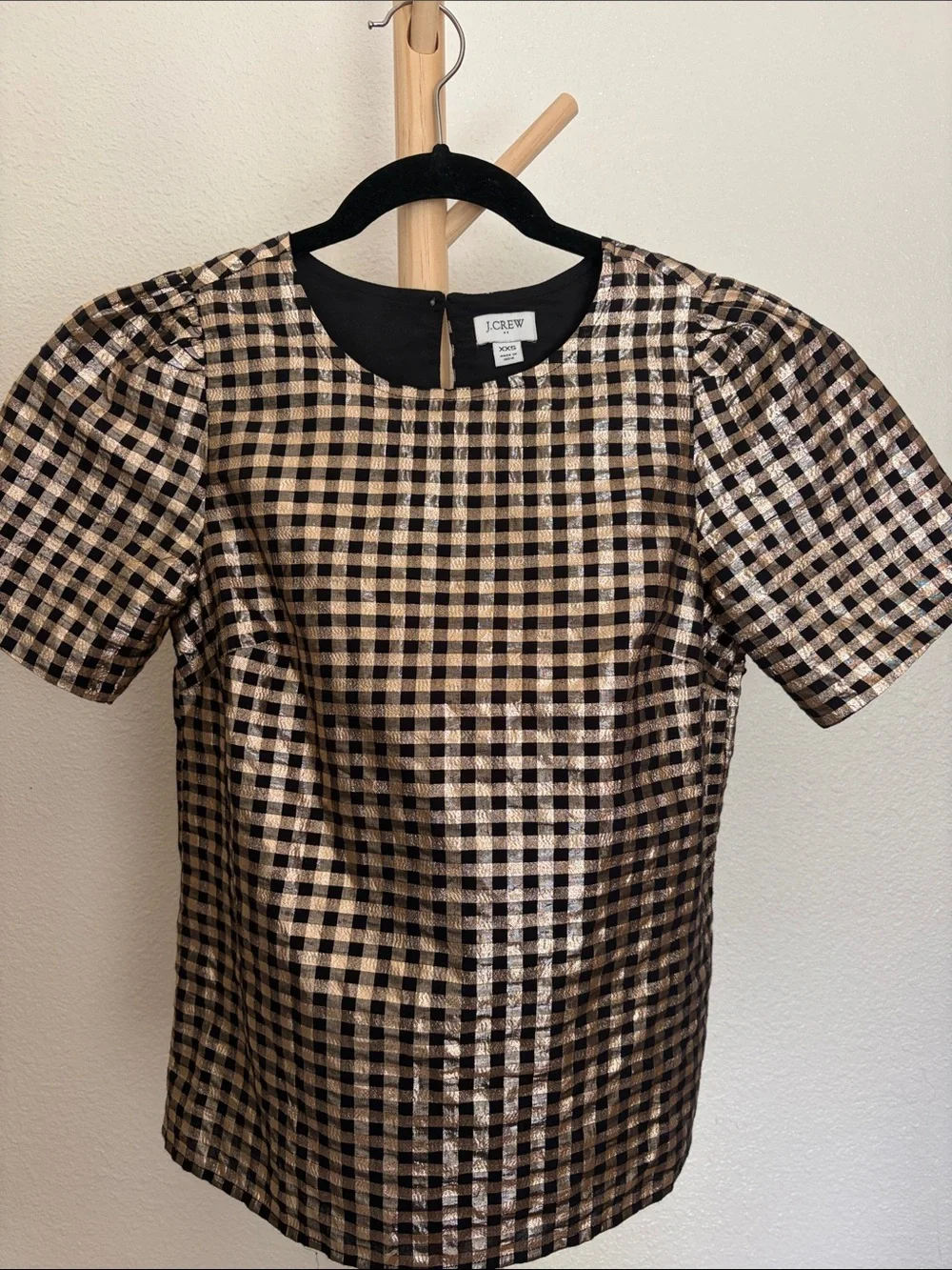 J. Crew Black and Gold Gingham Puff-Sleeve Top